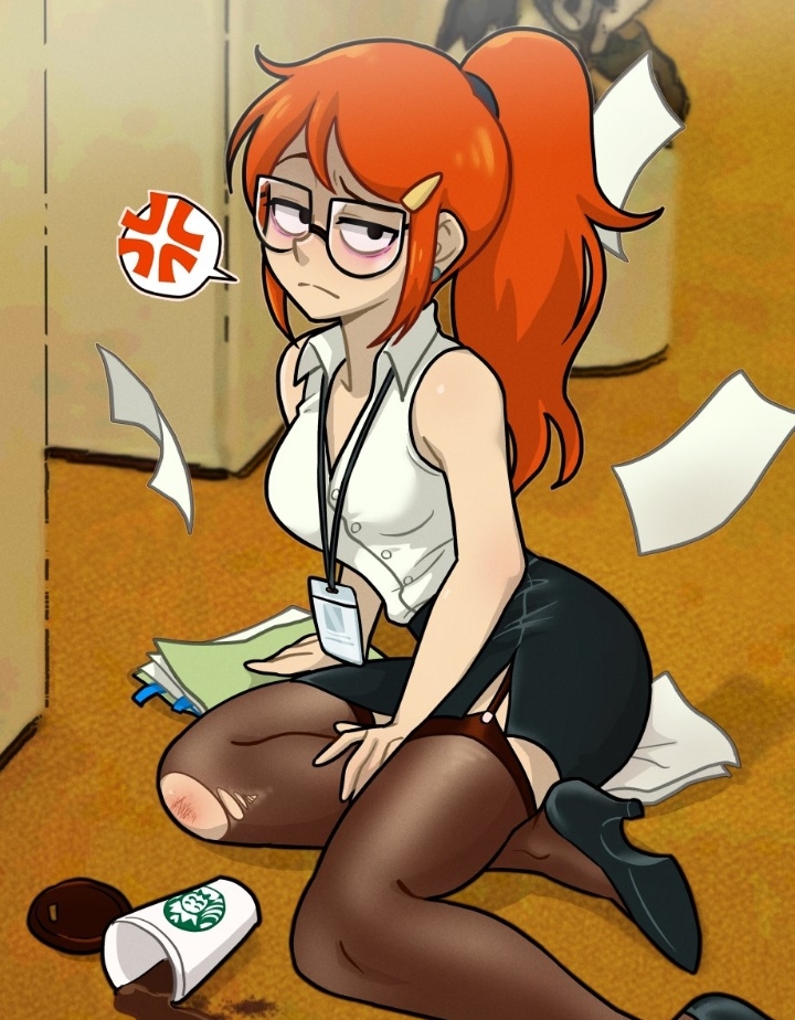 1girls 2024 black_skirt cartoon_network centinel303 coffee_cup cup female garter_straps glasses high_heels infinity_train legwear miniskirt office_lady orange_hair papers ponytail secretary starbucks stockings torn_legwear tulip_olsen twitter_link white_topwear