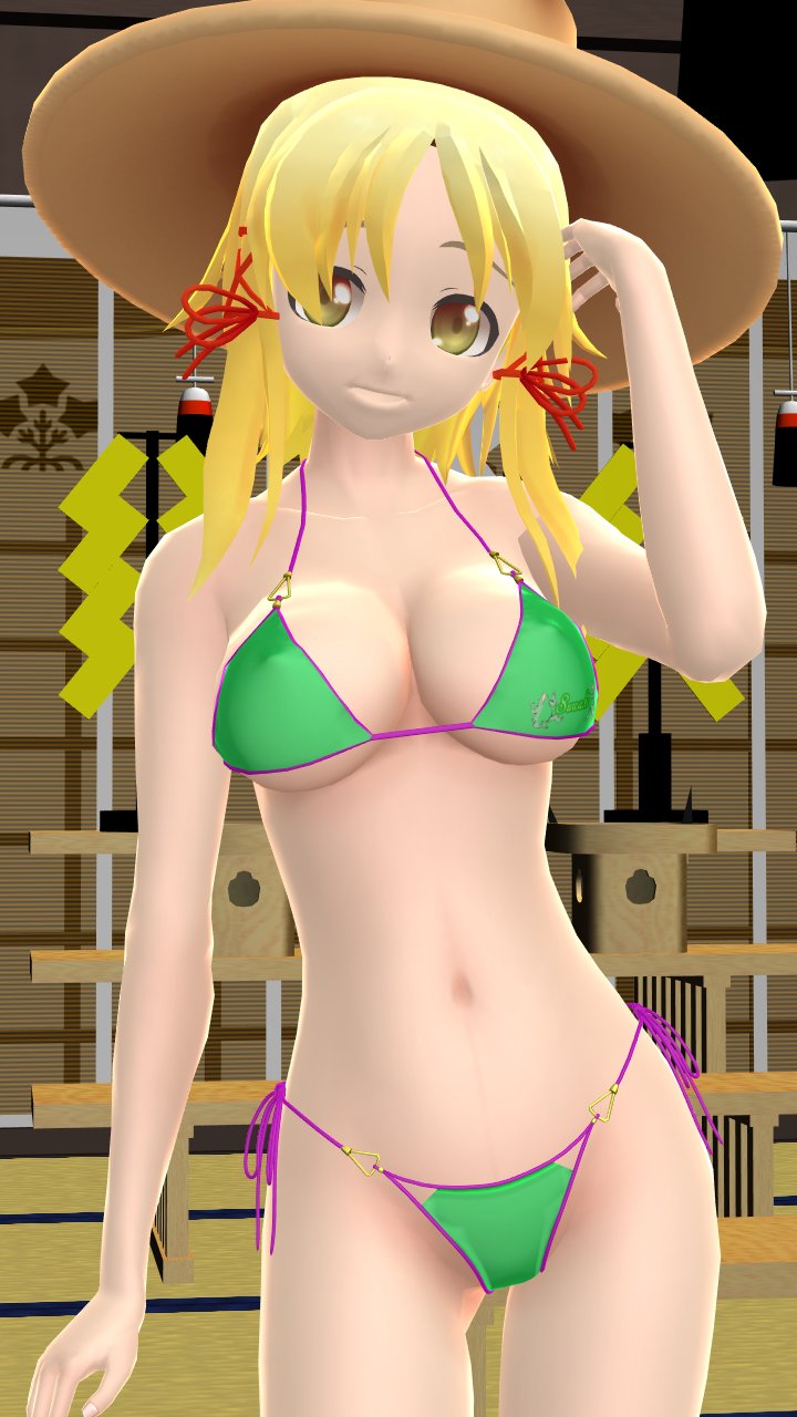 1girls 2023 3d_(artwork) belly_button bikini blonde_hair_female breasts cleavage deity god green_bikini hat hati_yukkuri_mmd indoors light-skinned_female looking_at_viewer mmd mountain_of_faith one_arm_up red_knot short_hair_female solo_female solo_focus suwako_moriya swimsuit touhou yellow_eyes