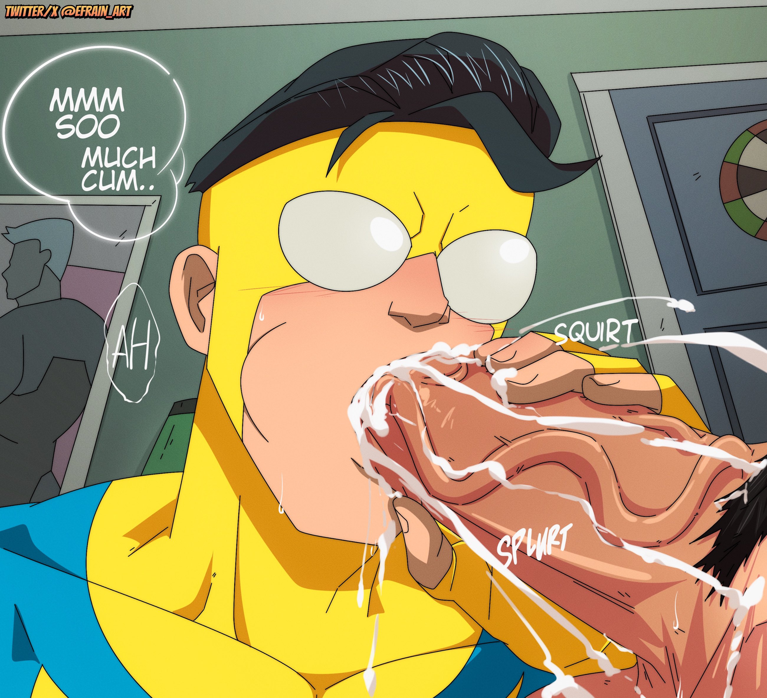 big cock, big dick, big penis, cum, cum in mouth, efrain art, face closeup, gay, gay sex, invincible, invincible (comics), invincible (superhero), invincible (tv series), male, male only, mark grayson, mask, masked, masked male, oral, oral sex, penis, yaoi