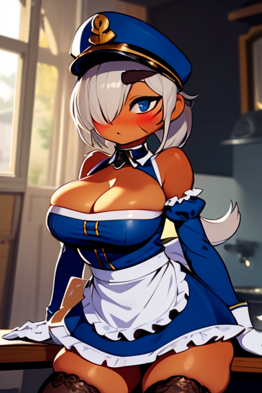 1_eye admiral_brickell ai_generated big_breasts bloons_tower_defense blue_eyes blush brown_skin eyes female hat home maid monkey monkey_girl ponytail white_hair