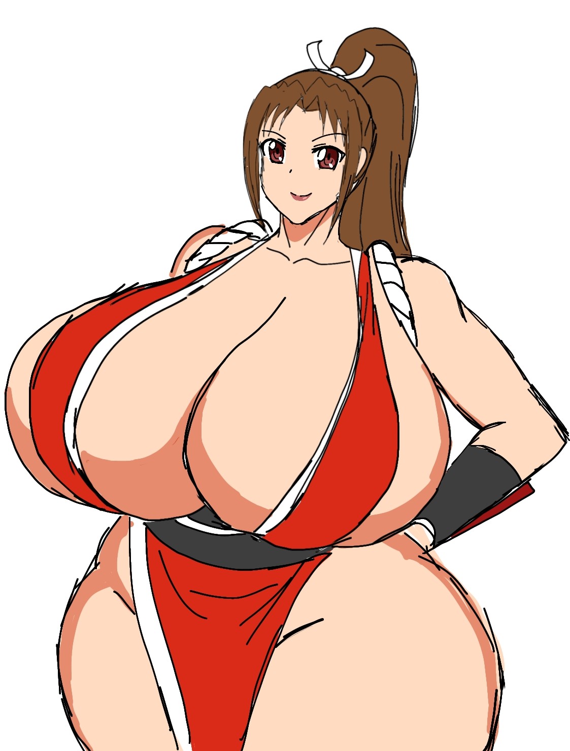 1girls big_breasts breasts brown_eyes brown_hair clothed curvy_body curvy_female female female_only giant_breasts gloves hands_behind_back hips huge_breasts japanese japanese_clothes king_of_fighters light-skinned_female light_skin long_hair looking_at_viewer mai_shiranui momiji_(artist) momijizx smile solo tied_hair wide_hips