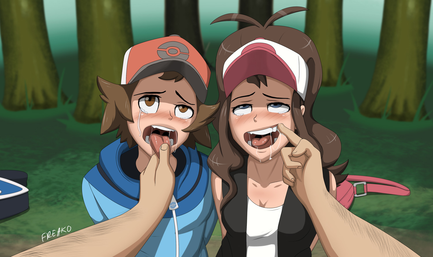 2016, arms behind back, bi domination, bisexual, bondage, breasts, brown hair, color, crying, female, femboy, femsub, forest, freako, fully clothed, hair, hilbert (pokemon), hilda (pokemon), imminent rape, kneeling, looking at viewer, male, male and female subs, malesub, multiple subs, open mouth, outdoors, pokemon, pov, saliva, small breasts, tears, tongue, tongue grab