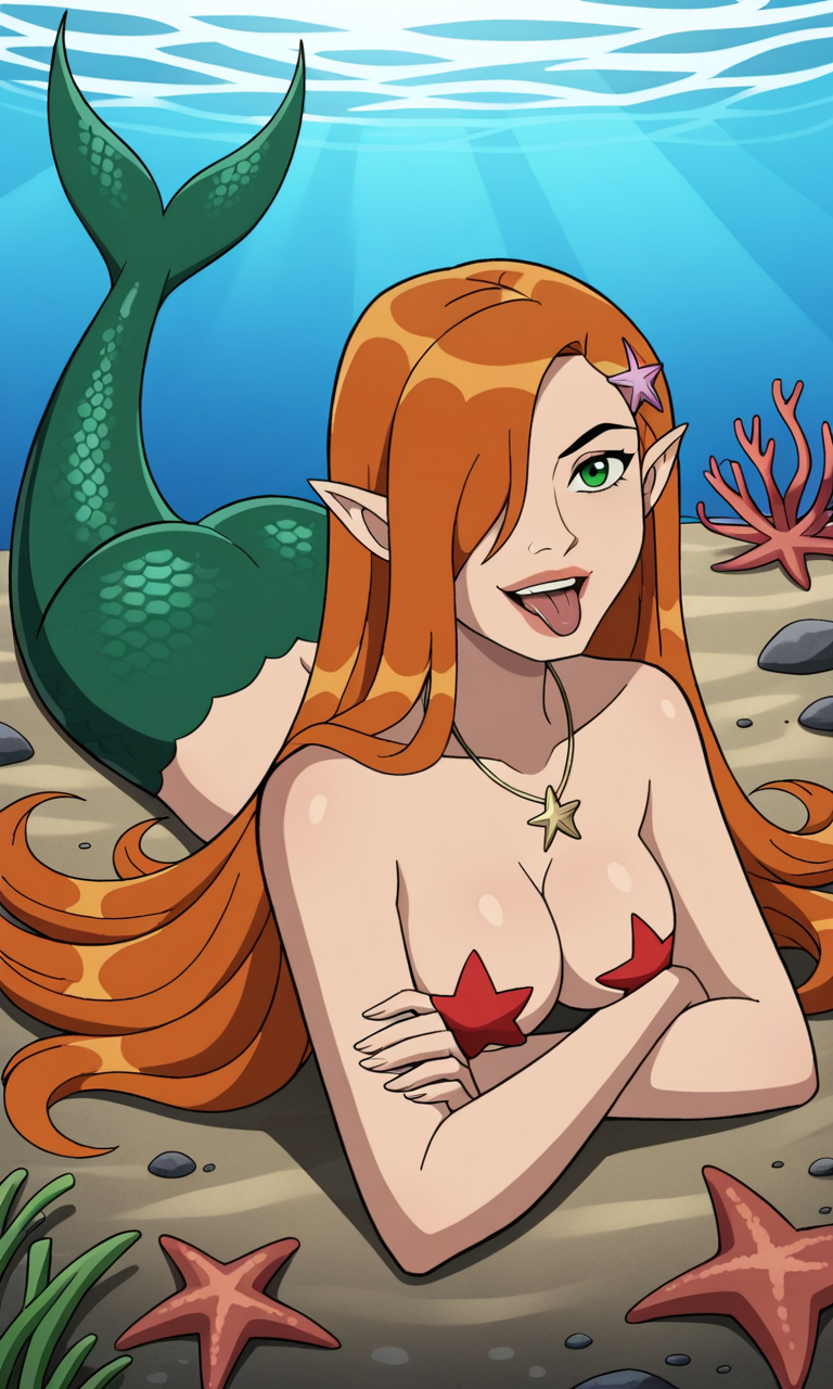 ai_generated ben_10 ben_10_ultimate_alien bigmic145 breasts cleavage female female_focus female_only ginger ginger_hair gwen_tennyson gwen_tennyson_(alien_force) gwen_tennyson_(ultimate_alien) hair_over_one_eye long_hair medium_breasts mermaid mermaid_girl mermaid_tail naked naked_female navel nipple_pasties orange_hair pasties pointy_ears starfish starfish_pasties topless topless_female underwater