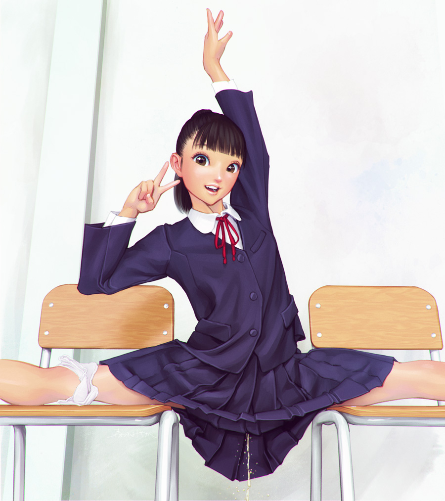 arms_up black_hair blazer brown_eyes chair commentary_request female fumichika_mori jacket looking_at_viewer open_mouth original panties panties_around_one_leg peeing pleated_skirt ponytail school_uniform short_hair skirt smile solo split underwear urine v white_panties