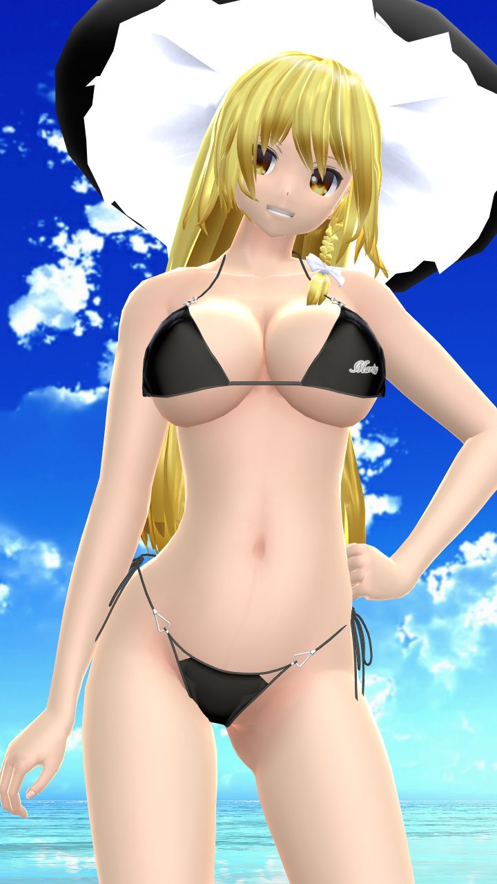 1girls 2023 3d beach belly_button bikini black_bikini blonde_hair_female blue_sky breasts cleavage clouds hand_on_stomach hat hati_yukkuri_mmd headwear human light-skinned_female long_hair_female looking_at_viewer marisa_kirisame mmd outdoors sky smiling_at_viewer solo_female solo_focus swimsuit touhou waist water white_bowtie witch_hat yellow_eyes