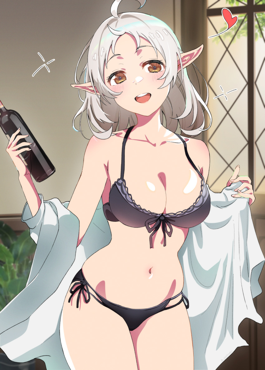 1girls ai_generated artist_request black_lingerie bottle curvy elf elf_ears highres looking_at_viewer medium_breasts mushoku_tensei mushoku_tensei:_isekai_ittara_honki_dasu no_nude painted_nails perfect_body skinny slim_waist smile sylphiette_(mushoku_tensei)