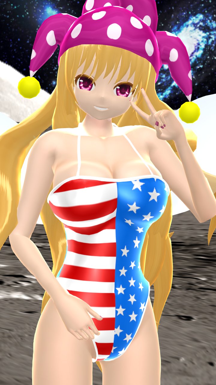 1girls 2023 3d_(artwork) american_flag_swimsuit blonde_hair_female breasts clavicle cleavage clownpiece cosmic_background fairy fairy_wings galaxy hati_yukkuri_mmd jester_hat lampad legacy_of_lunatic_kingdom light-skinned_female long_hair_female looking_at_viewer mmd moon one_arm_up peace_sign pink_eyes smiling_at_viewer solo_female solo_focus stars stars_and_stripes swimsuit touhou waist wings