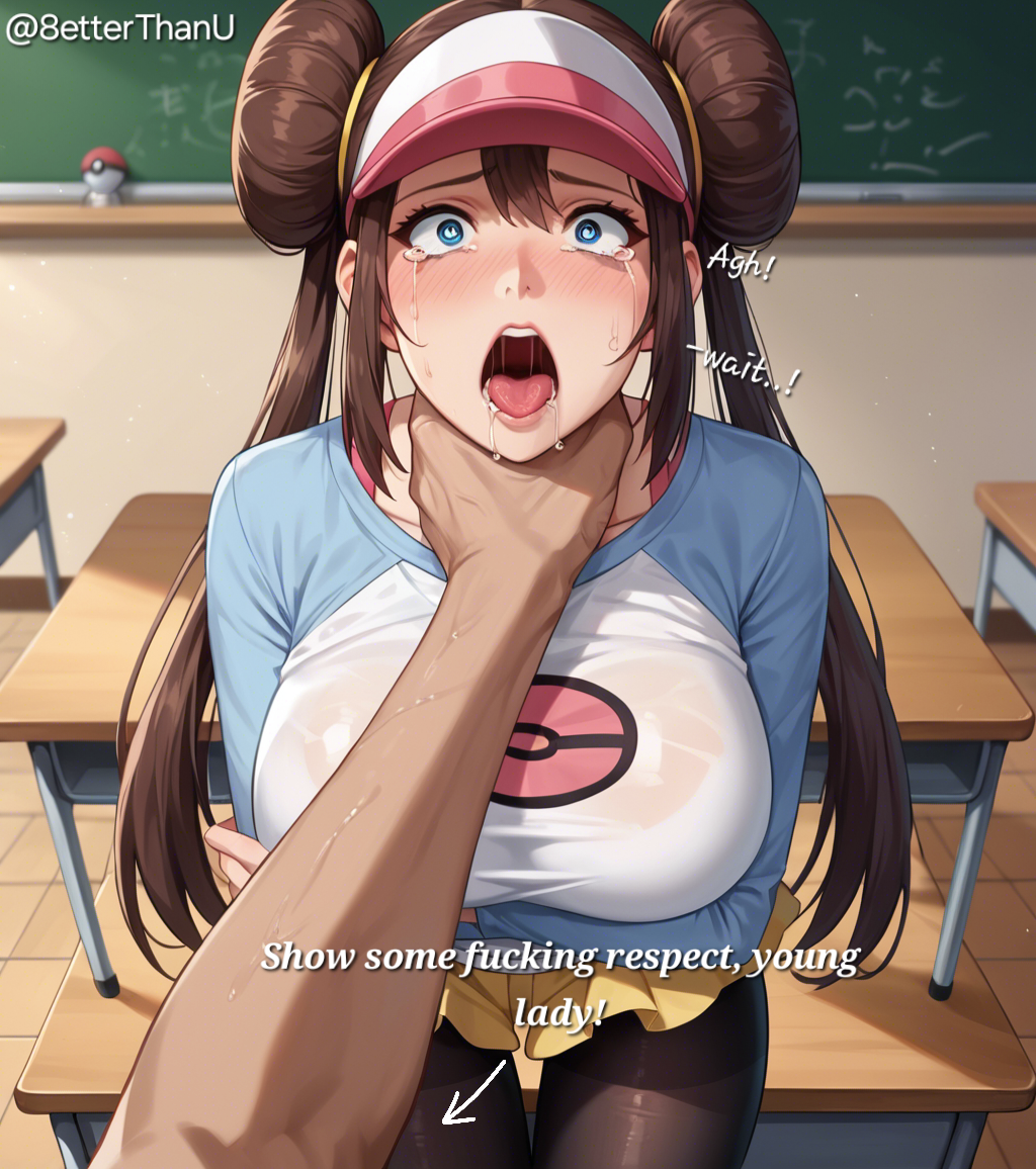 8etter_than_u ai_generated asian_female big_breasts choking classroom hair_buns light-skinned_male pantyhose pokemon pov pov_male rosa_(pokemon) shocked_expression tears throat_grab