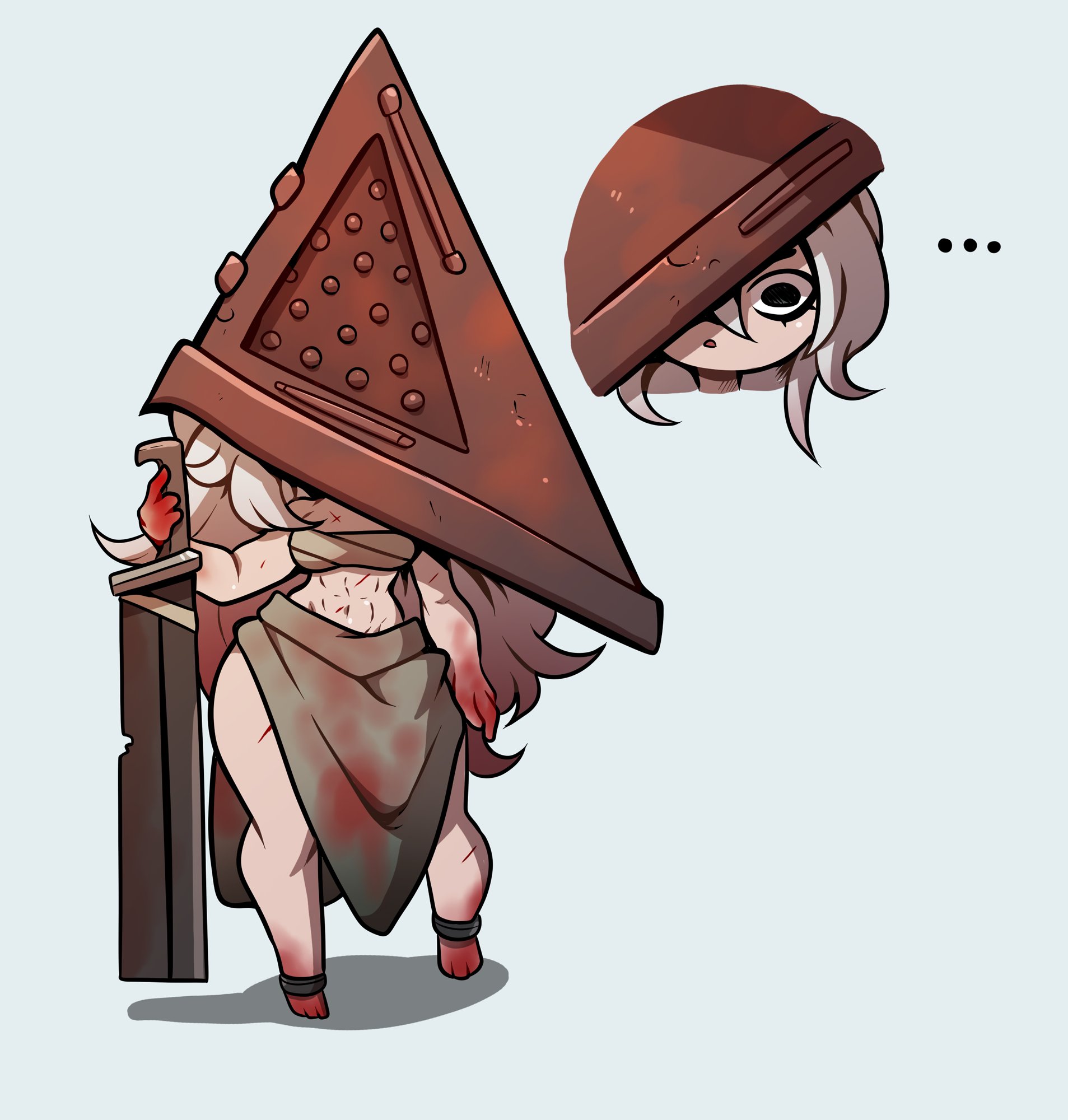 ..., 1girls, black eyes, chibi, female, female only, female pyramid head, hi res, kinkymation, konami, long hair, looking at viewer, pyramid head, rule 63, silent hill, silent hill homecoming, solo, white hair