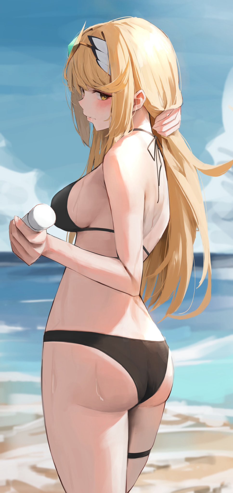 1girls alternate_costume ass beach bikini black_bikini blonde_hair blue_sky blush breasts closed_mouth female halterneck headpiece highres long_hair looking_back mythra ocean shiroshiroghost sideboob sky solo swept_bangs swimsuit thigh_strap thighs tiara xenoblade_(series) xenoblade_chronicles_2 yellow_eyes