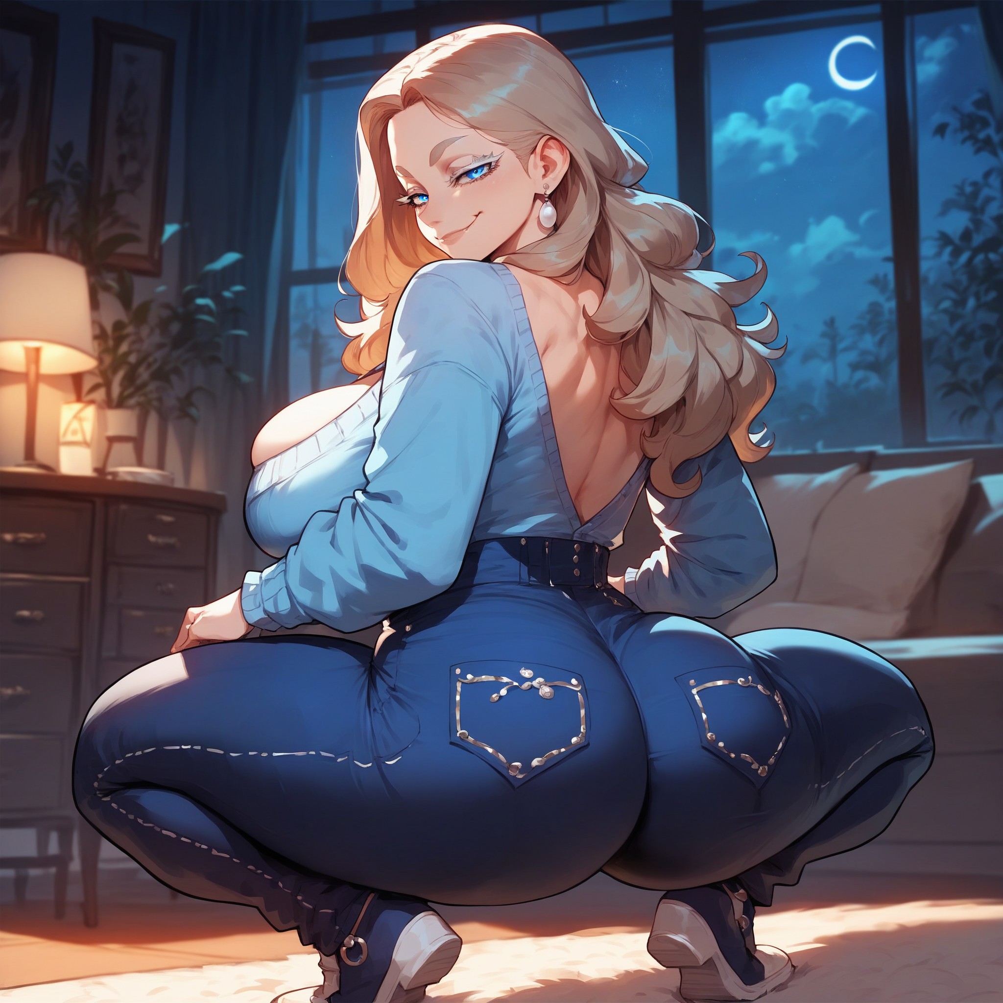 1girls, ai generated, ass, big breasts, blue cardigan, blue eyes, breasts, brown hair, cardigan, cleavage, curvy, curvy figure, earrings, female, high waisted pants, high-waist pants, huge ass, huge breasts, jewelry, light brown hair, light hair, light skin, light-skinned female, long hair, long sleeves, mature female, milf, mommy, mommy kink, plump, plump ass, seductive, seductive eyes, seductive look, seductive smile, smile, smug, submissive, submissive female, thick ass, thick legs, thick lips, thick thighs, wanting sex, xandr