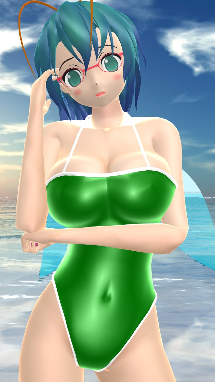 1girls 2023 3d_(artwork) antennae_(anatomy) belly_button blue_eyes blue_sky blush breasts cleavage clouds firefly glasses green_swimsuit hati_yukkuri_mmd imperishable_night insect_wings light-skinned_female mmd outdoors sea sky solo_female solo_focus swimsuit teal_hair touhou water wings wriggle_nightbug youkai