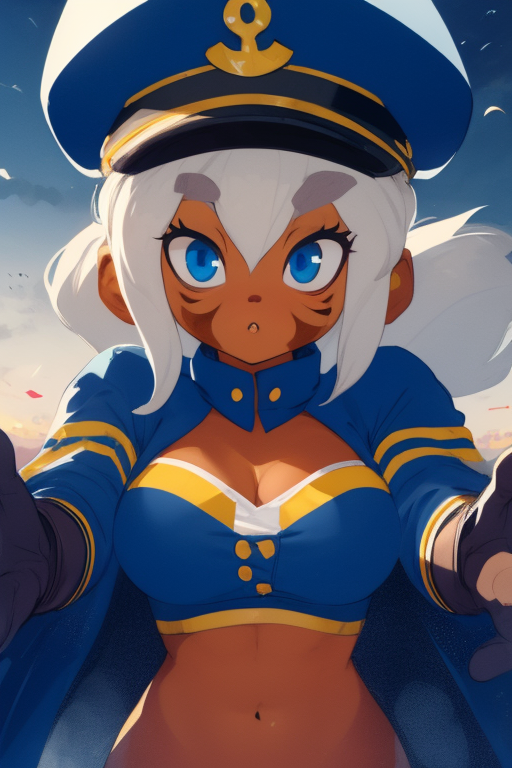 1girls admiral_brickell ai_generated anthro big_breasts bikini bloons_tower_defense brown_skin hug huge_breasts looking_at_viewer midriff monkey monkey_girl primate white_hair