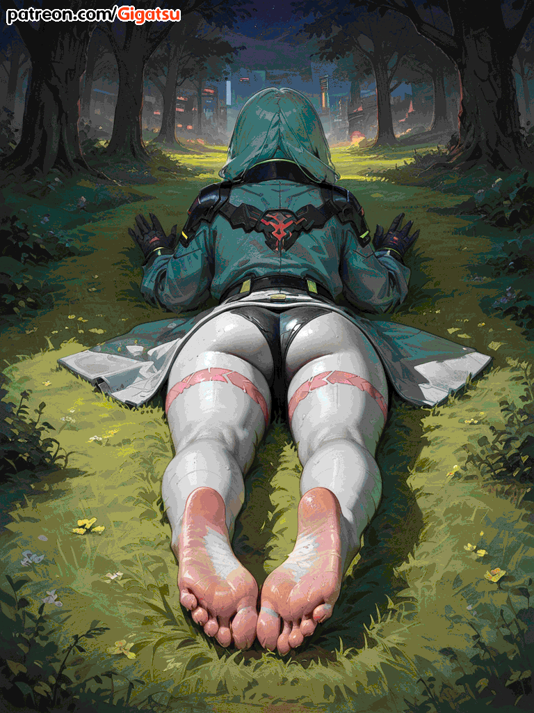 ai_generated ass ass_focus barefoot cyberpunk:_edgerunners feet foot_fetish foot_focus from_behind gigatsu green_hair lying lying_on_stomach rebecca_(edgerunners) sole_female soles toes