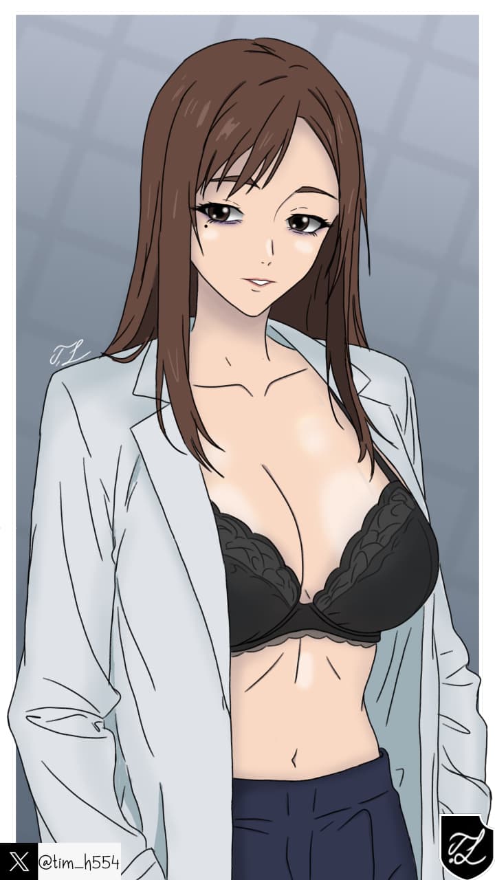1girls, bra, brown hair, brown-haired female, doctor, eyeliner, hands in pockets, jujutsu kaisen, purple bra, shoko ieiri, signature, tagme, tim heyderich, white coat