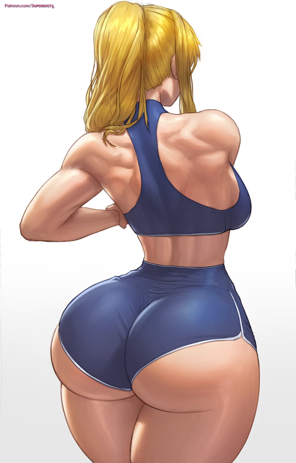 1girls ass booty_shorts breasts casual_outfit_(metroid) dat_ass female huge_ass huge_breasts large_breasts long_hair metroid nintendo samus_aran short_shorts shorts sportswear superbusty