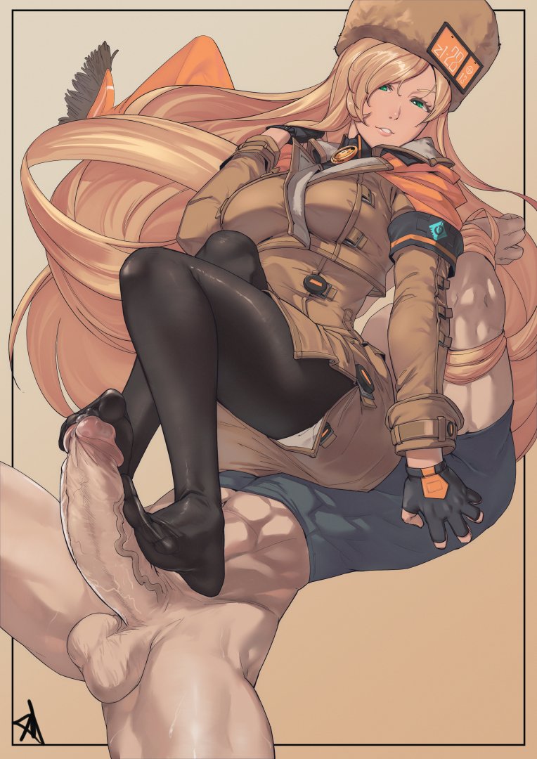 1boy 1girls blonde_hair clothed_sex footjob footjob_with_legwear guilty_gear guilty_gear_strive millia_rage penis rat_huang sex sitting_on_person very_long_hair winter_hat