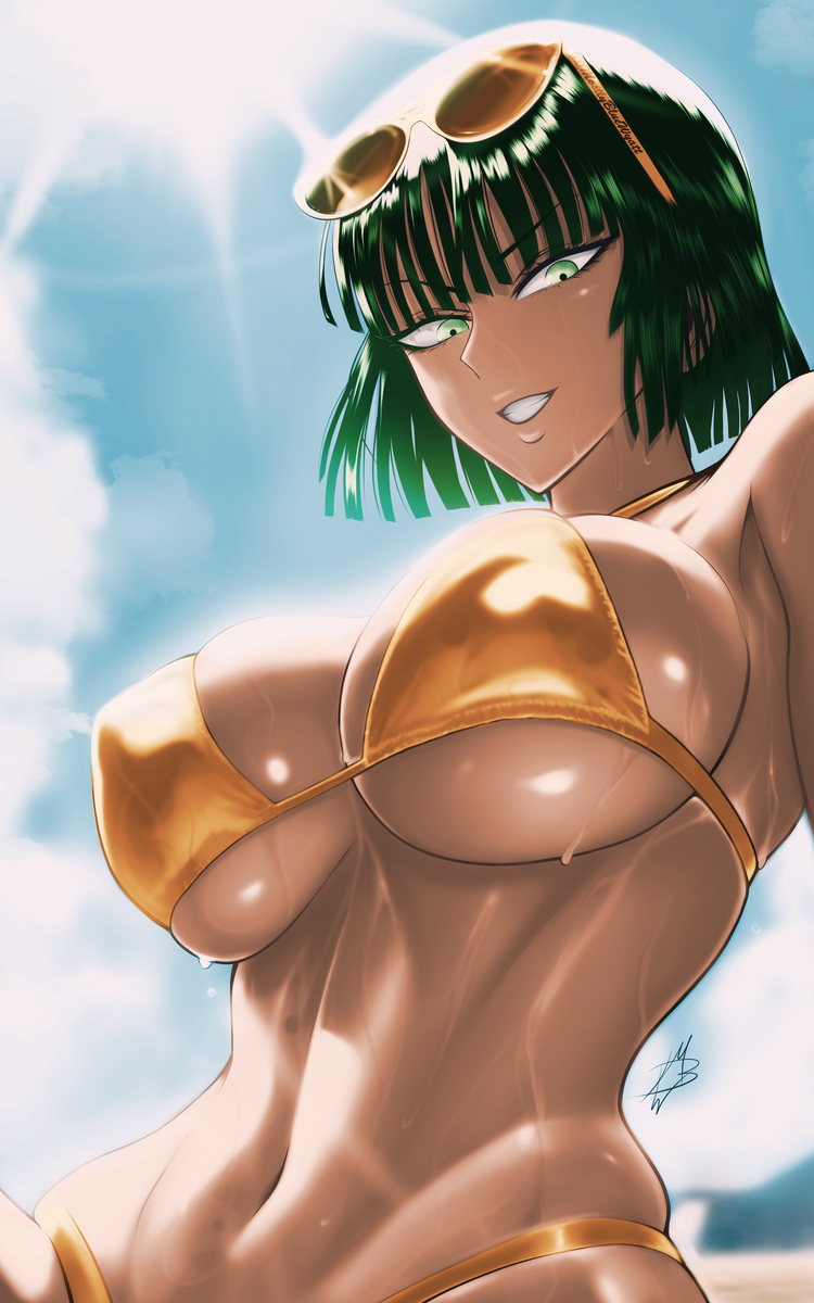 1girls bare_arms bare_shoulders big_breasts bikini bikini_bottom bikini_top clothed clothing color fat_breasts female female_focus female_only fit_female fubuki_(one-punch_man) golden_bikini green_eyes green_hair hi_res large_breasts light-skinned_female light_skin looking_at_viewer mostlybluewyatt one-punch_man short_hair smiling solo solo_female sun sunglasses sunglasses_on_head sweat tagme thick_thighs