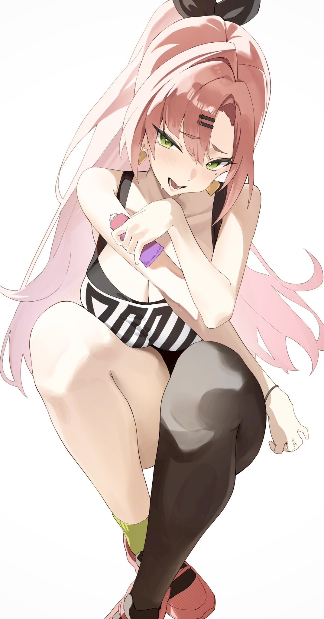 breasts, cleavage, collarbone, earrings, female, green eyes, heart, heart earrings, highres, holding, jewelry, mole, mole under eye, naig (naiji), nicole demara, pink hair, ponytail, simple background, sitting, solo, white background, zenless zone zero
