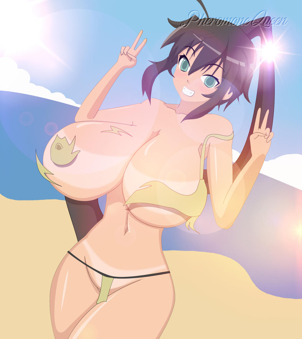 1girl artist_name beach bikini black_hair blush breasts cloud convenient_censoring double_v female green_eyes grin homura_(senran_kagura) huge_breasts long_hair looking_at_viewer navel ocean outdoors parted_lips pheromonequeen ponytail sand senran_kagura sky smile solo standing sun tanline teeth v wardrobe_malfunction water