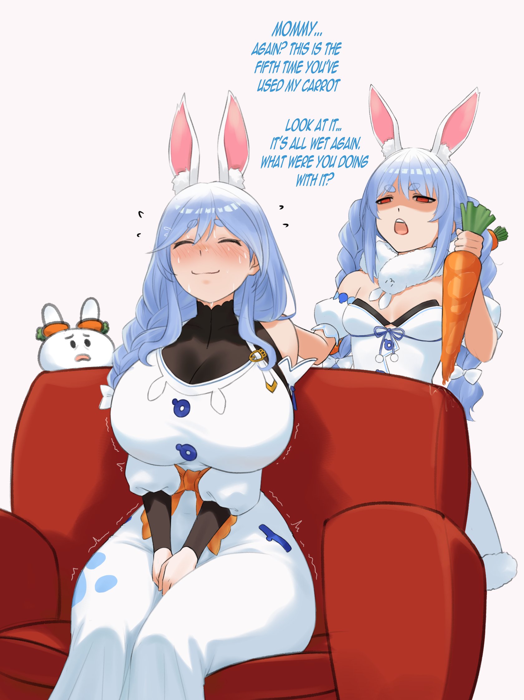 2girls, angry, animal ears, bad id, bad twitter id, blush, breasts, carrot, comic, commentary, couch, dial kasper, dialkasper, don-chan (usada pekora), english text, hair ornament, highres, holding, holding carrot, hololive, implied after masturbation, large breasts, mature female, mother and child, mother and daughter, multiple girls, nervous sweating, parent and child, pekomama, pekomama (1st costume), pekomon (usada pekora), ponytail, pussy juice, rabbit ears, red eyes, shaded face, simple background, sitting, sweat, usada pekora, virtual youtuber