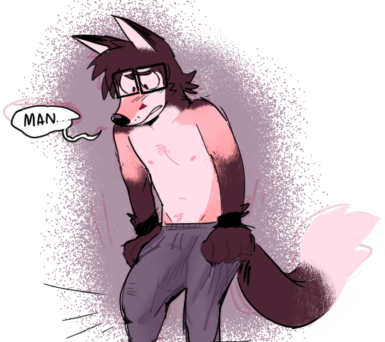 anthro big_penis bottomwear brown_body brown_fur bulge canid canine clothed clothing detailed_bulge dialogue erection eyewear fur genital_outline genitals glasses male mammal pants partially_clothed penis penis_outline purplecider rectangular_glasses shirtless solo tail text