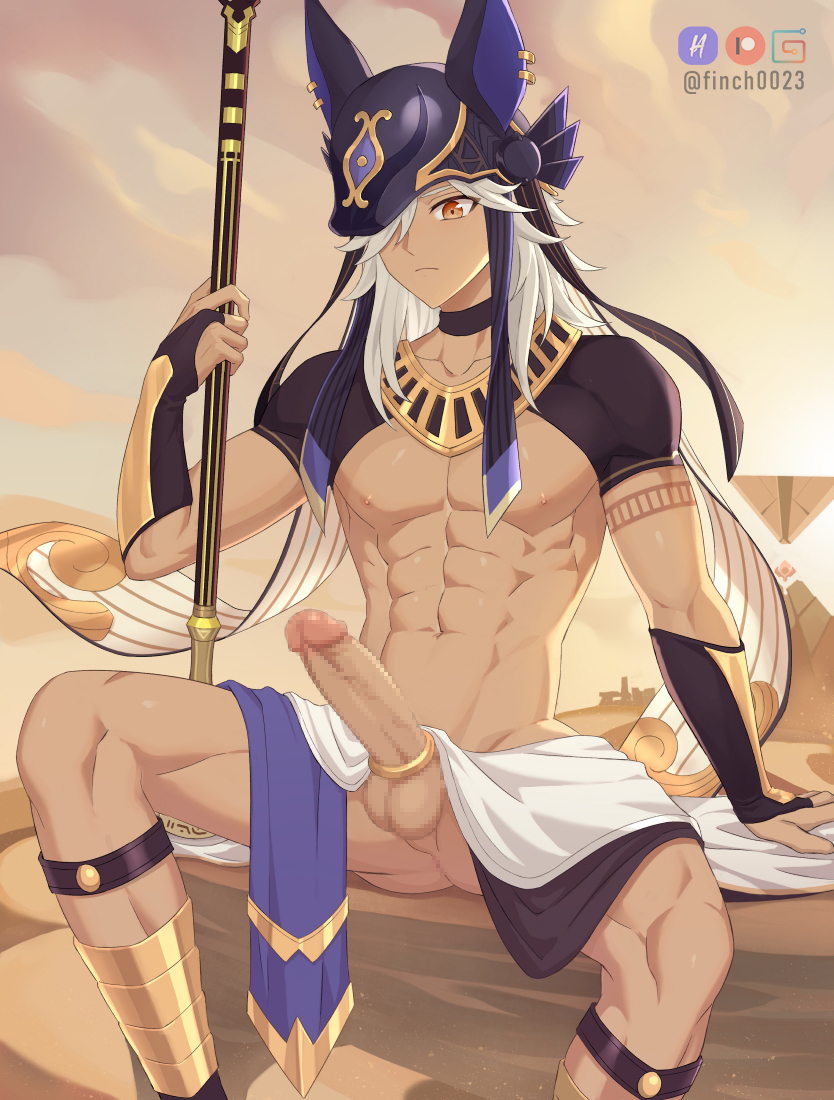 1boy censored clothing_request cock_ring cyno_(genshin_impact) desert egyptian_clothes erection expressionless finch0023 finch_(blanc1771) genshin_impact grey_hair holding holding_staff long_hair mosaic_censoring muscular muscular_male navel orange_eyes paid_reward_available penis sex_toy spread_legs staff testicles yaoi