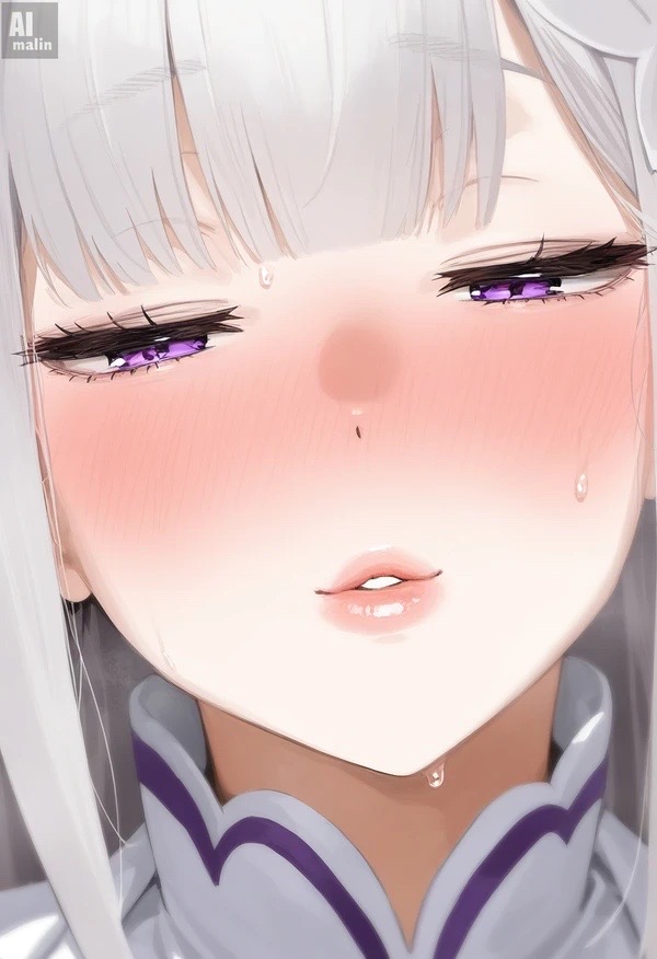 ai_generated blowing_kiss blush blushing_at_viewer close-up elf elf_female emilia_(re:zero) incoming_kiss kissing lips long_hair purple_eyes re:zero_kara_hajimeru_isekai_seikatsu seductive_eyes silver_hair solo_female sweat