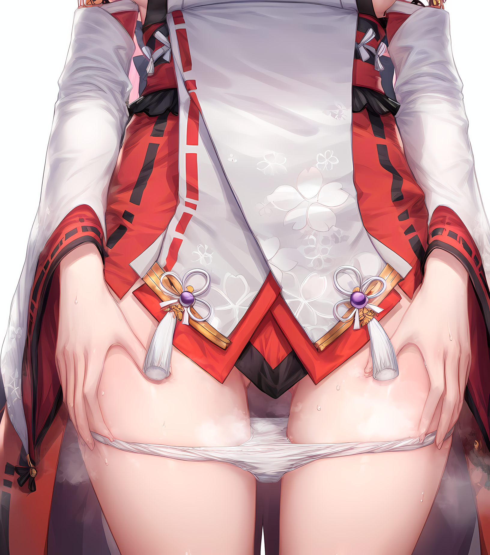 18g35bx, 1girls, ai generated, ass, bangs, blush, breasts, clothes pull, clothing, detached sleeves, female, female only, floral print, genshin impact, hair ornament, head out of frame, kimono, long sleeves, lower body, pantsu, panty pull, pink hair, robe, short hair, skirt, skirt lift, skirt pull, solo, sweat, tassel, thigh gap, thighs, underwear, underwear pull, wafuku, white background, white panties, white shirt, white sleeves, white underwear, wide sleeves, yae miko