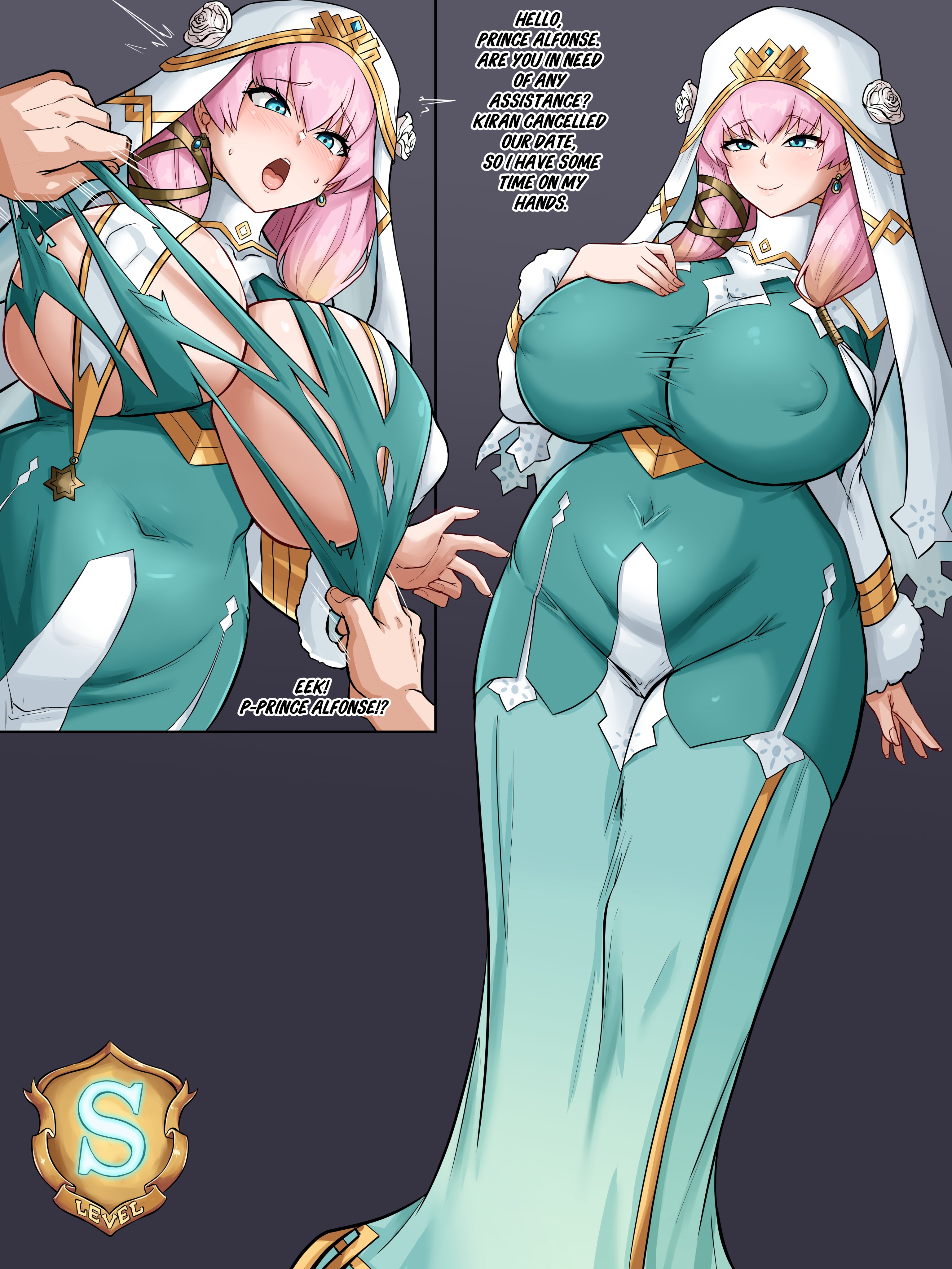 1boy, 1girls, ass, big ass, big breasts, breasts, clothed, curvaceous, curvy, curvy figure, female, fire emblem, fire emblem heroes, gunnthra (fire emblem), male, mekabaryt, ntr, pink hair, ripped clothing, shocked