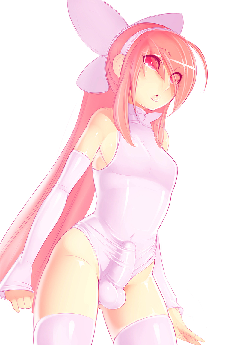 1boy, androgynous, balls, bulge, erection, erection under clothes, femboy, girly, hair over one eye, long hair, looking at viewer, male, male only, necrosmos, penis, penis under clothes, red eyes, red hair, skin tight, testicles, thighhighs, tight clothes, trap