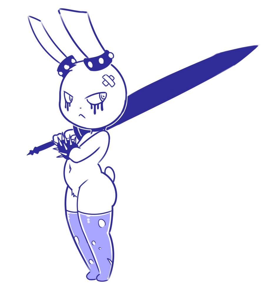 2018 anthro armband band-aid bandage clothing digital_media_(artwork) disfigure earbands female flat_chested frown glare kylma lagomorph legwear mammal melee_weapon monochrome navel nude pose pubes pussy rabbit rabbit_tail simple_background solo spikes sword thigh_highs weapon white_background