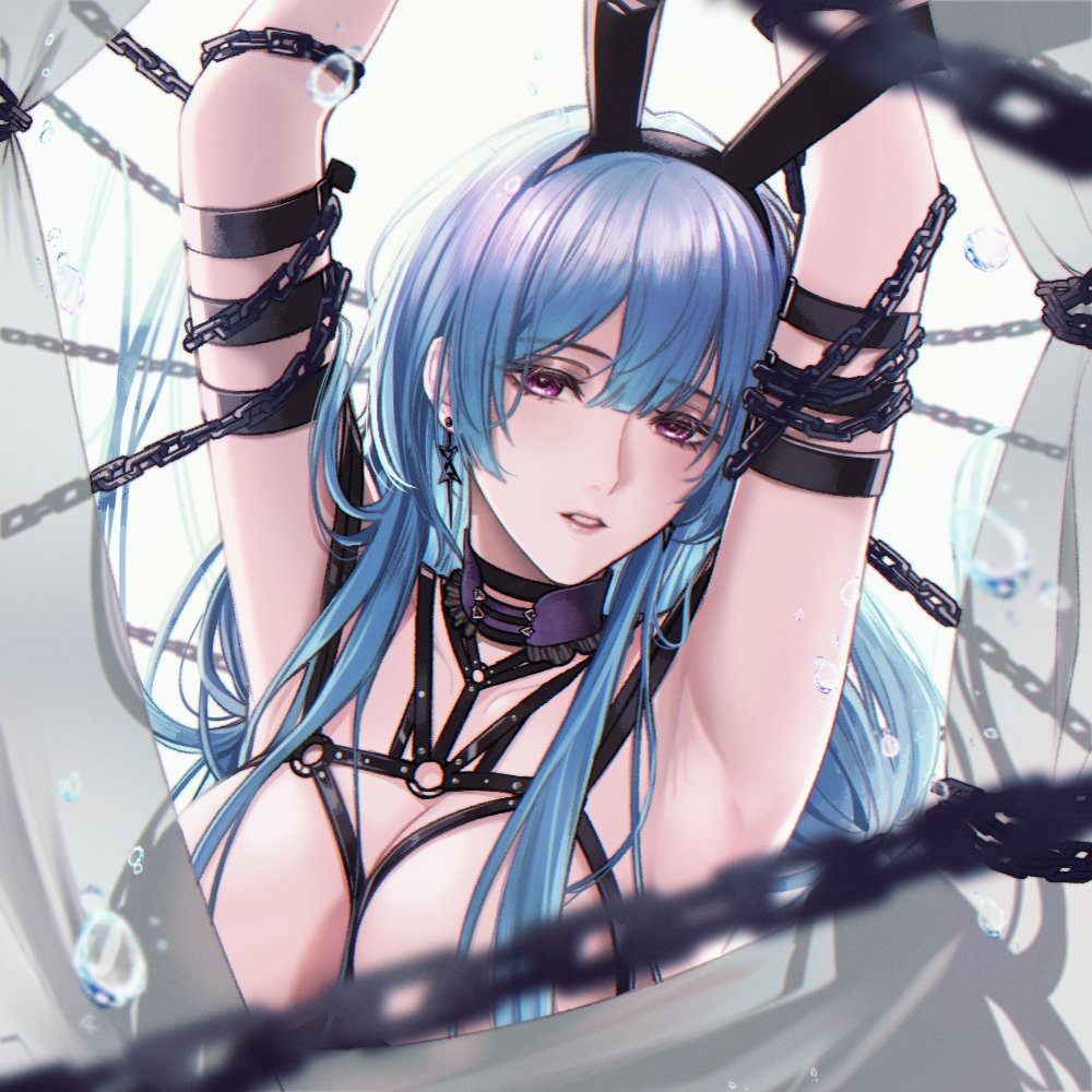 1girls angon623_(artist) armpits arms_up bdsm_outfit behind_curtain belt belt_collar big_breasts blue_hair bunny_ears chained chains curtains hamel_(path_to_nowhere) hiding_breasts leather_straps long_hair looking_at_viewer no_bra nude path_to_nowhere purple_eyes water_droplets white_background