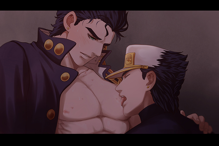 2boys age_difference alternate_version_available black_hair diamond_is_unbreakable gay jojo's_bizarre_adventure jotaro_kujo licking_male_nipple male male/male male_nipples male_only stardust_crusaders yaoi