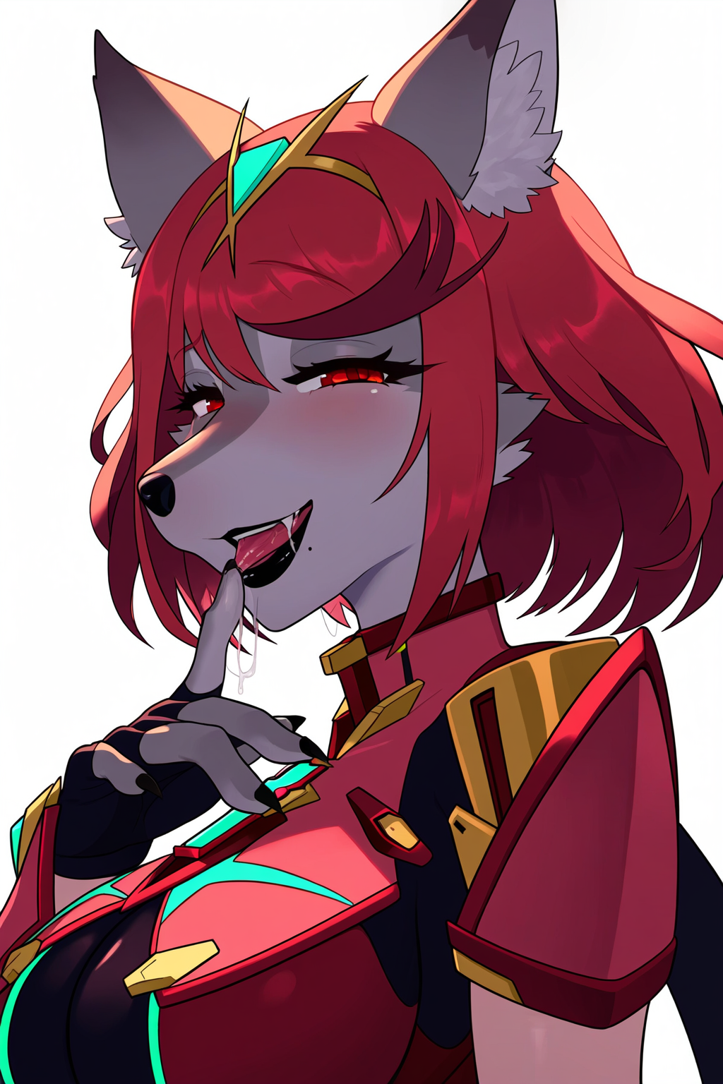 aged_up ai_generated best_quality black_lips claws core_crystal_(xenoblade) cowboy_shot dog_snout face_focus female finger_to_mouth fur furry furry_female grey_fur grin half-closed_eyes lips looking_at_viewer mature_female milf mole_under_mouth naughty_face open_mouth profile pyra pyra_(xenoblade) red_eyes red_hair robofun saliva short_hair snout solo tongue upper_body wolf_girl xenoblade_chronicles_2