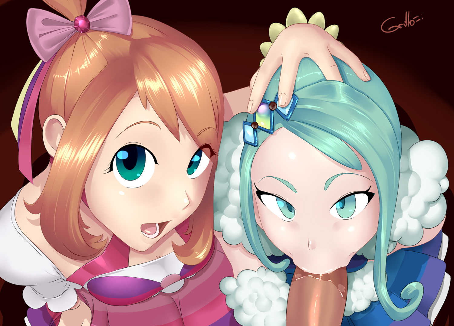 2girls, alternate costume, aqua hair, arm warmers, assisted fellatio, asymmetrical hair, blue eyes, bow, breasts, brown hair, cleavage, contest dress, fellatio, female, frills, from above, grillo, hair ornament, hairbow, hairclip, hand on head, human, human only, idol, lisia (pokemon), looking at viewer, looking up, male, may (pokemon oras), may (pokemon), multiple females, multiple girls, nintendo, official alternate costume, open mouth, oral, penis, pokemon, pokemon oras, pov, saliva, sidelocks, smile, straight, teamwork, two side up
