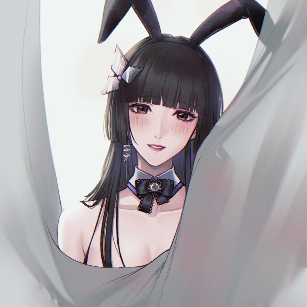 1girls angon623_(artist) behind_curtain big_breasts black_eyes black_hair blush bowtie bunny_ears curtains hair_ornament hiding_breasts lipstick long_hair looking_at_viewer no_bra nude path_to_nowhere sensual sumire_(path_to_nowhere) white_background