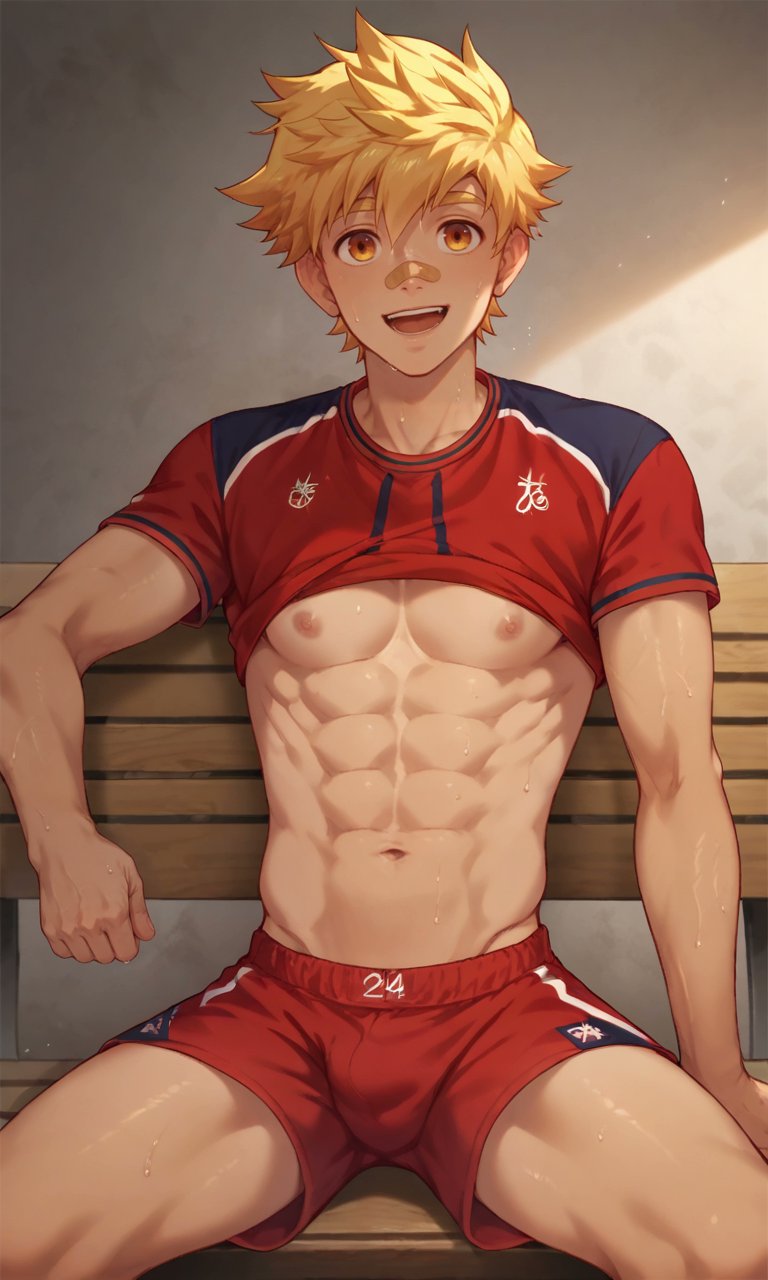 ai_alexr ai_generated bulge bulge_through_clothing exposed exposed_breasts gay jock_studio jockstudio(blits_games) leo_mendez leo_mendez_(jock_studio) male male_only muscular muscular_male red_shorts sports_shorts sports_uniform sportswear twink yaoi