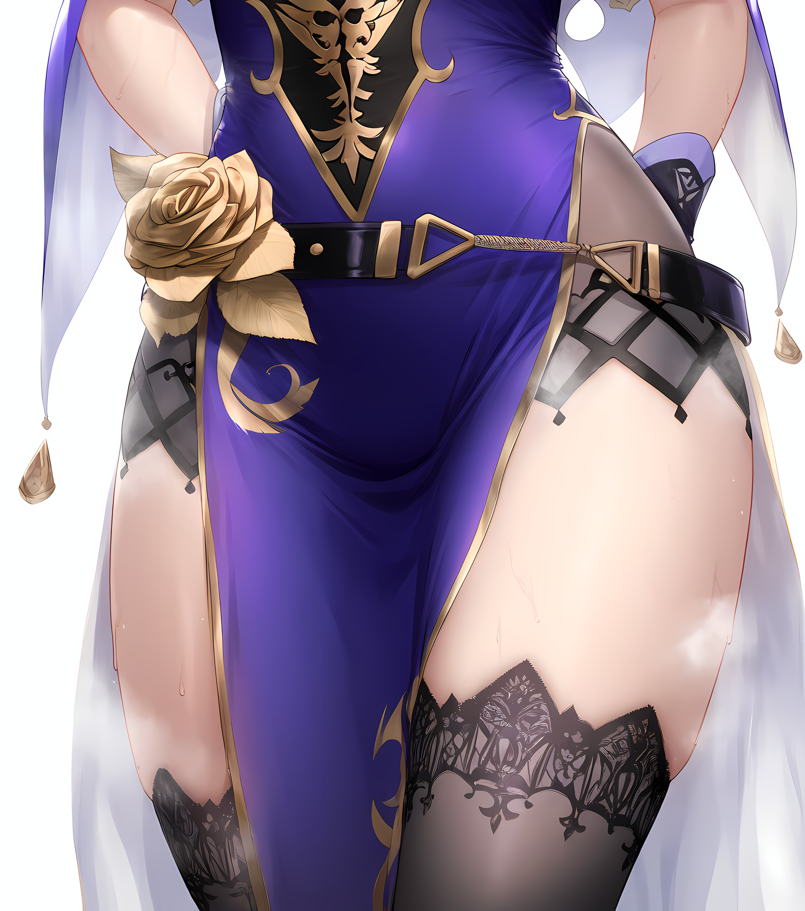 18g35bx, 1boy, 1girls, ai generated, ass, bangs, belt, black legwear, black thighhighs, breasts, china dress, close-up, clothing, dress, female, flower, genshin impact, gloves, impossible clothes, jewelry, large breasts, legwear, lisa (genshin impact), long hair, looking at viewer, lower body, male, pelvic curtain, rose, side slit, simple background, solo, steaming body, sweat, thighhighs, thighs, tied hair, white background, yellow flower