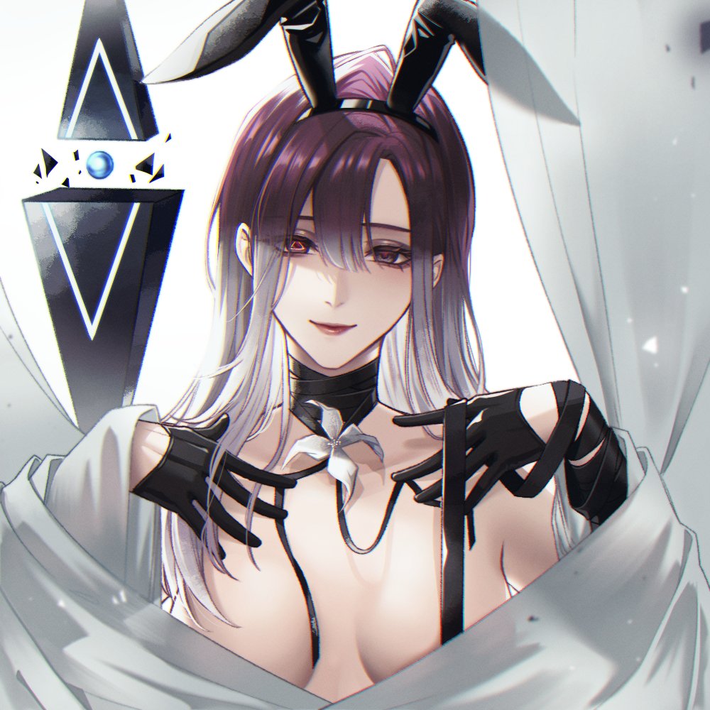 1girls angon623_(artist) behind_curtain big_breasts bunny_ears curtains flower gloves happy heterochromia hiding_breasts lipstick looking_at_viewer no_bra nude path_to_nowhere purple_eyes purple_hair sensual shalom_(path_to_nowhere) triangle triangle_eyes white_background white_hair_stripe white_skin white_stripes