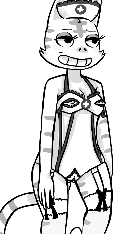 animal_crossing anthro blush breasts clothed clothing feline female inkyfrog mammal nintendo nipples nurse_costume pussy tabby_(animal_crossing) teeth video_games