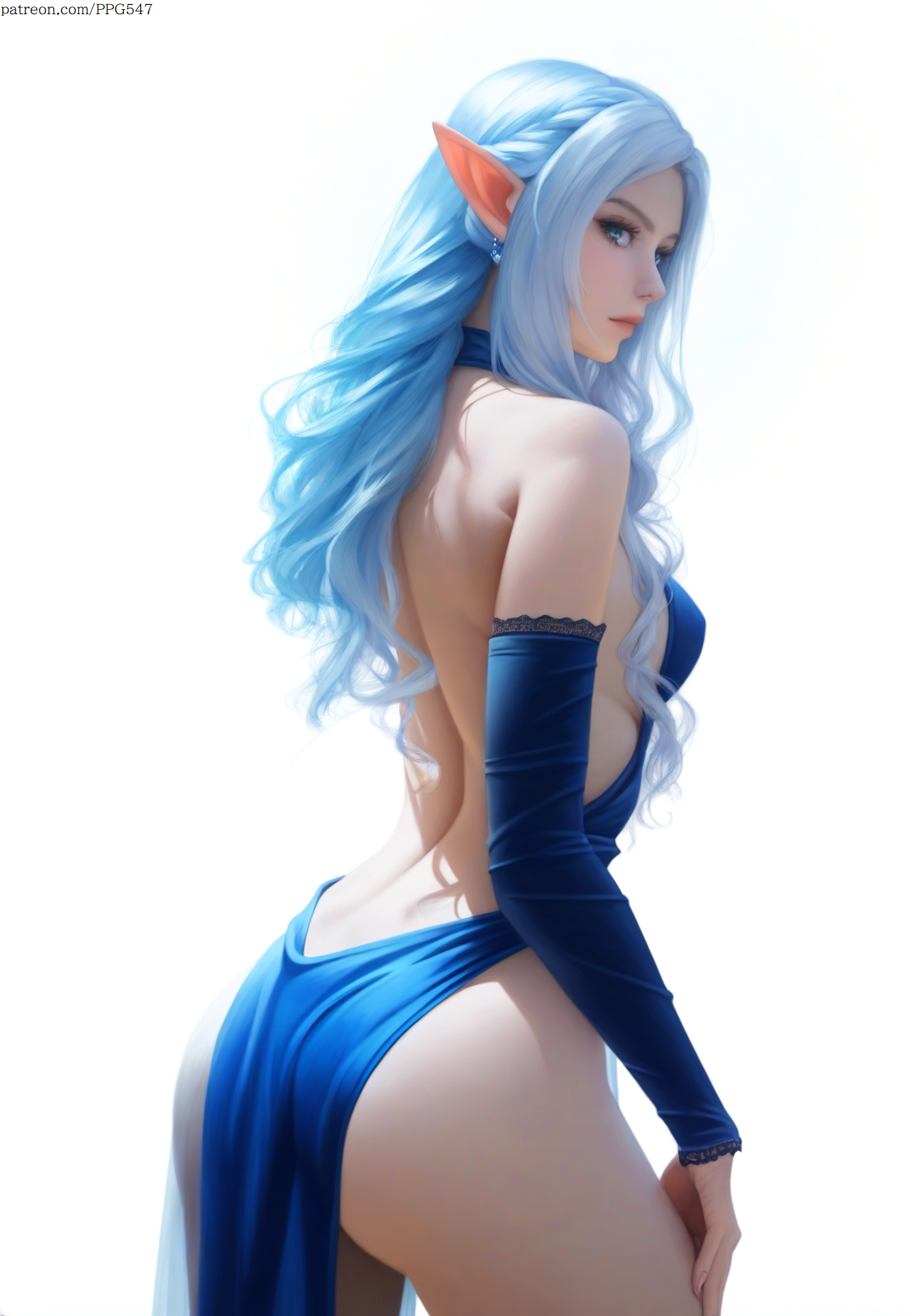 ai generated, arm gloves, ass, bare back, bare shoulders, blue dress, blue eyes, breasts, curly hair, elf, elf ears, female, large ass, light blue hair, long hair, looking at viewer, nai diffusion, original, original character, pointy ears, pujopg, revealing clothes, revealing dress, sidelocks, simple background, slim, small breasts