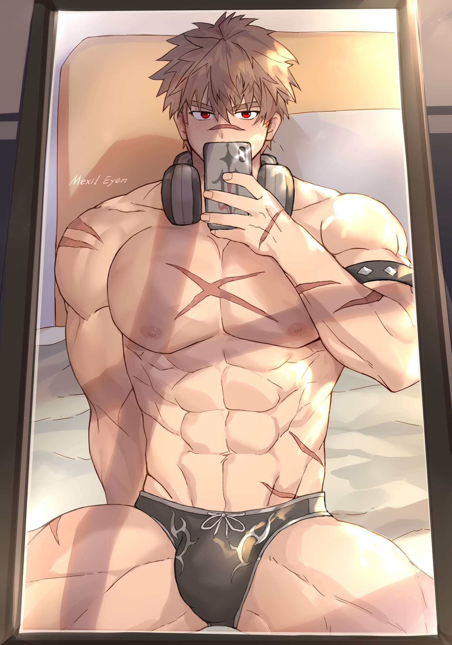 1boy, arm over head, bara, bara tits, bernheim, bernheim (kings raid), blood    w, breasts, bulge, erection, gay, headgear, huge bulge, kings raid, licking armpit, male, male only, mirror, muscular, muscular male, posing for picture, posing for the viewer, scars, selfie, solo, solo male, underwear, yaoi