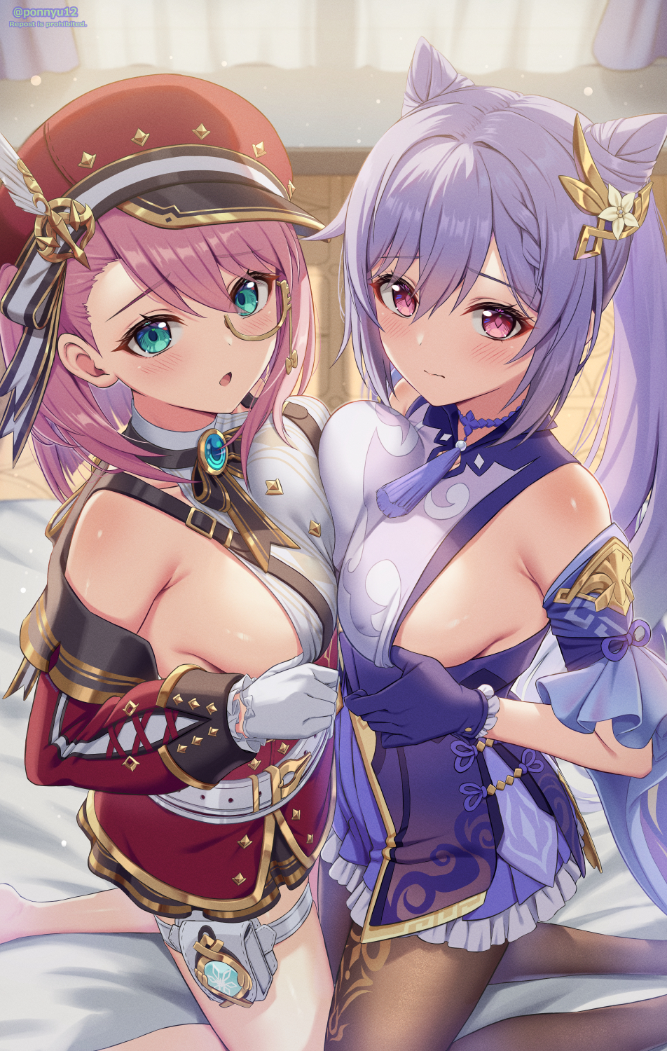 2girls breast_press breasts charlotte_(genshin_impact) female_only genshin_impact keqing_(genshin_impact) large_breasts ponnyu12 side_boob symmetrical_docking