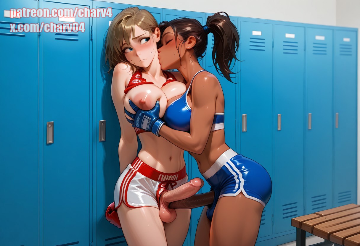 2futas, ai generated, black hair, breasts, charv, dark skin, erection, futa on futa, futa only, futadom, futanari, grabbing breasts, intersex, kissing neck, light skin, long hair, short hair