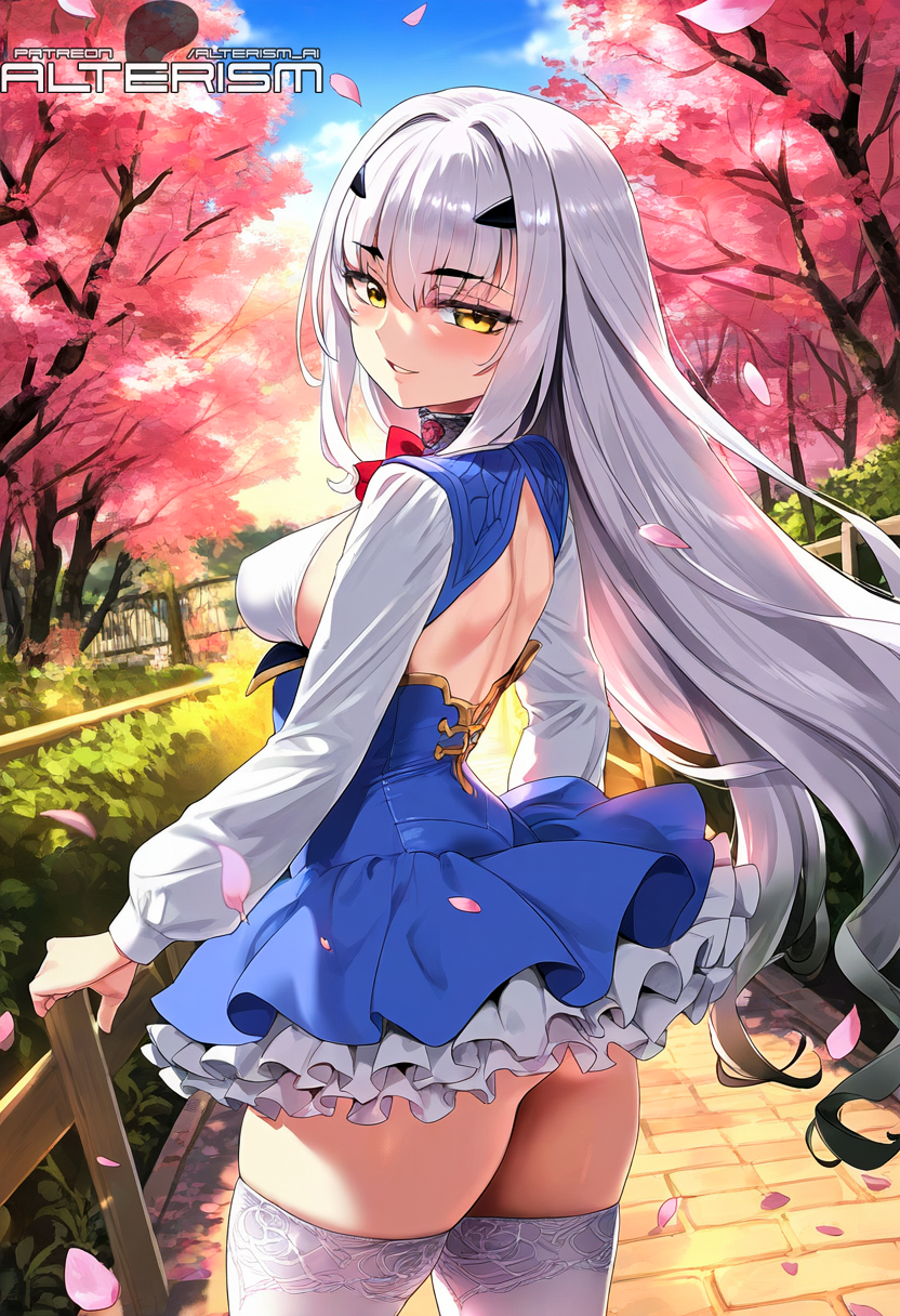 1girls ai_generated alterism ass back blush breasts dress fairy_knight_lancelot_(fate) fate/grand_order fate_(series) female_focus from_behind garden hair_ornament light-skinned_female light_skin long_hair looking_at_viewer looking_back medium_breasts melusine_(fate) minidress nature naughty_face outdoors park parted_lips petals petite posing scenery shiny_skin sideboob skindentation skirt smile standing thick_thighs thighs tree very_long_hair white_hair wide_hips yellow_eyes