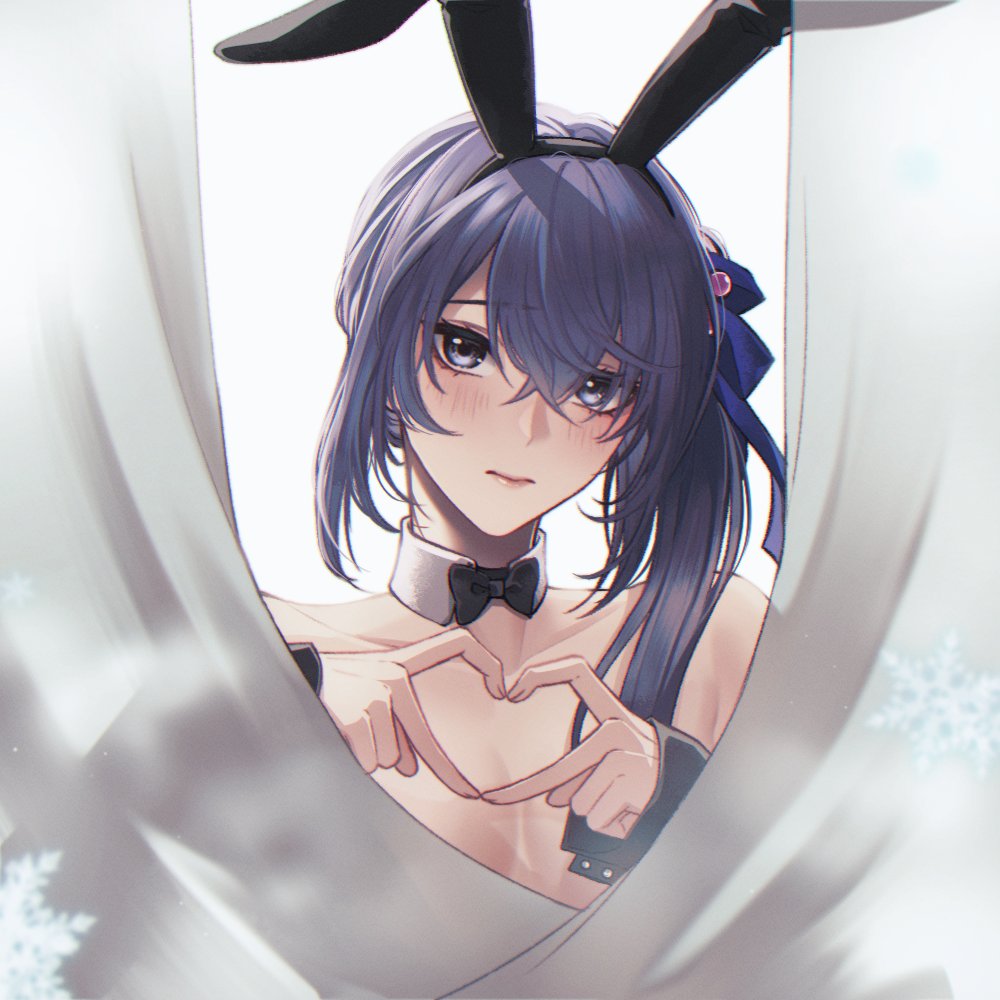 1girls angon623_(artist) behind_curtain big_breasts blue_eyes blue_hair blush bowtie bunny_ears curtains hair_ornament heart_hands hiding_breasts kelvin_(path_to_nowhere) looking_at_viewer no_bra nude path_to_nowhere snowflake white_background