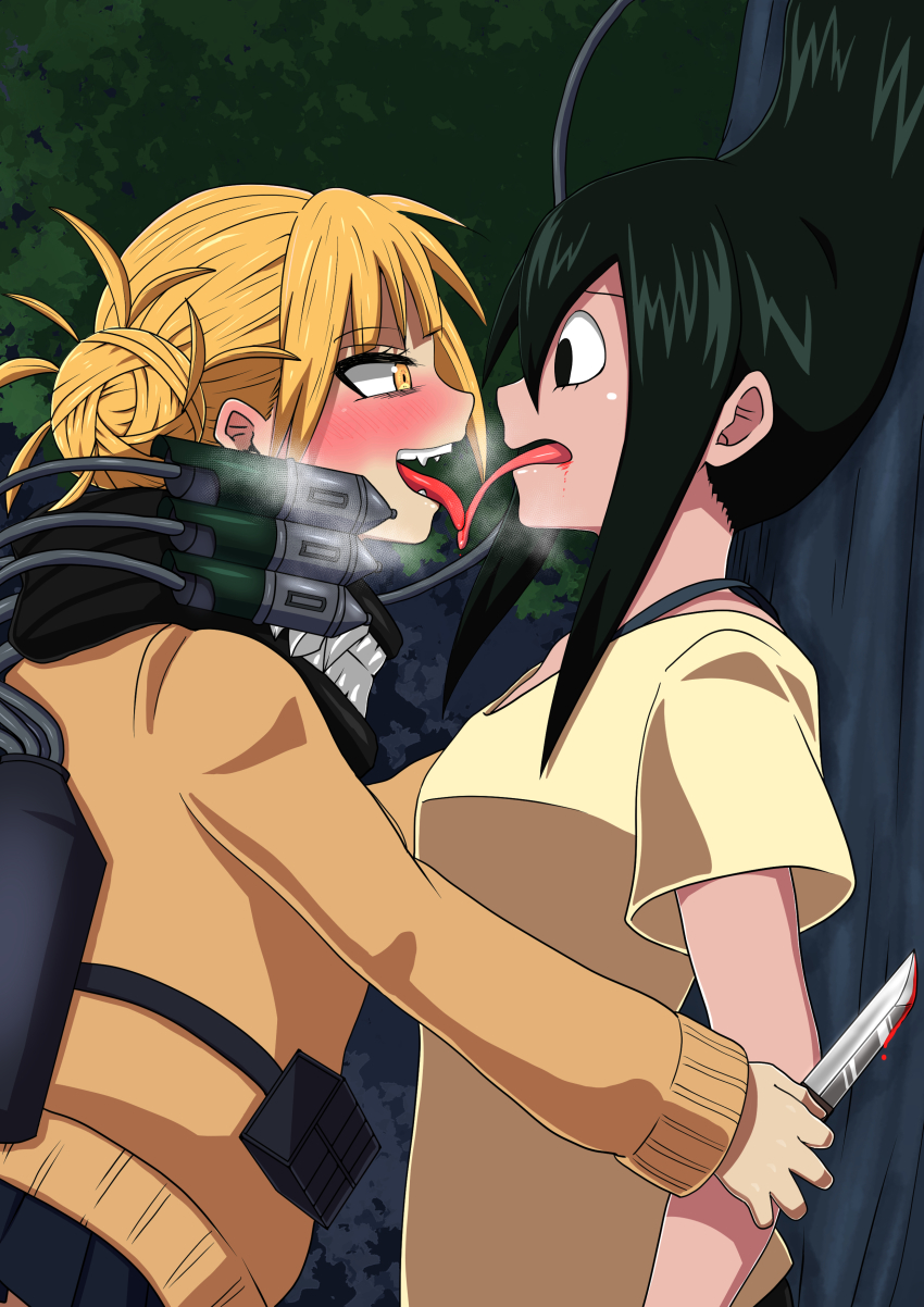 2girls absurdres against_tree asui_tsuyu blood boku_no_hero_academia forced_kiss forced_yuri french_kiss french_kissing highres himiko_toga kissing knife long_tongue multiple_girls my_hero_academia oekakimannga restrained toga_himiko tongue_kiss tongue_touching_another's_tongue tongues_touching tsuyu_asui yuri