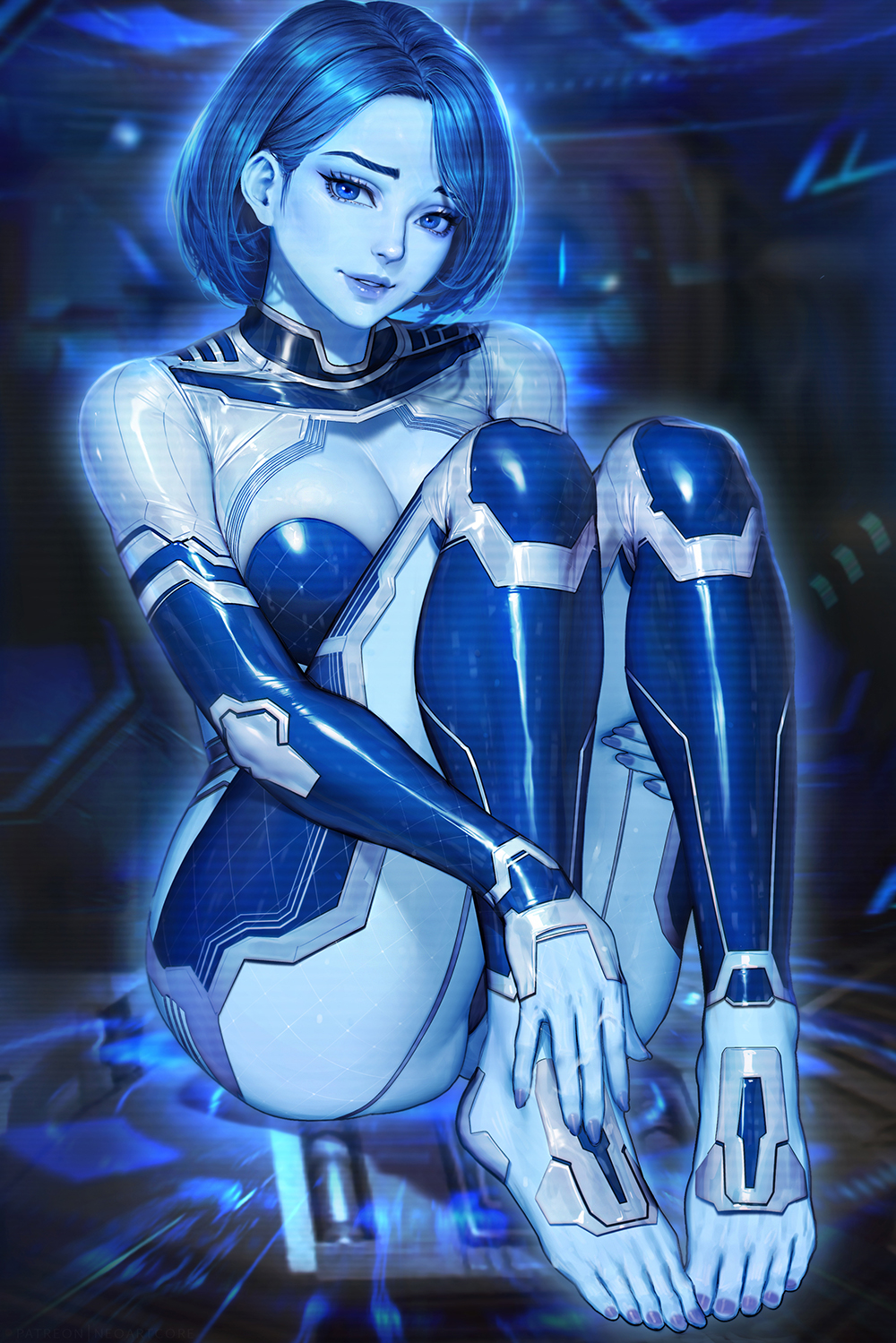 2d 2d_(artwork) blue_body blue_hair blue_skin bob_cut cortana cortana_v2 digital_drawing_(artwork) digital_media_(artwork) feet halo_(series) high_resolution highres looking_at_viewer microsoft neoartcore partially_clothed sci-fi science_fiction sitting smile the_weapon_(halo_infinite) toes video_games