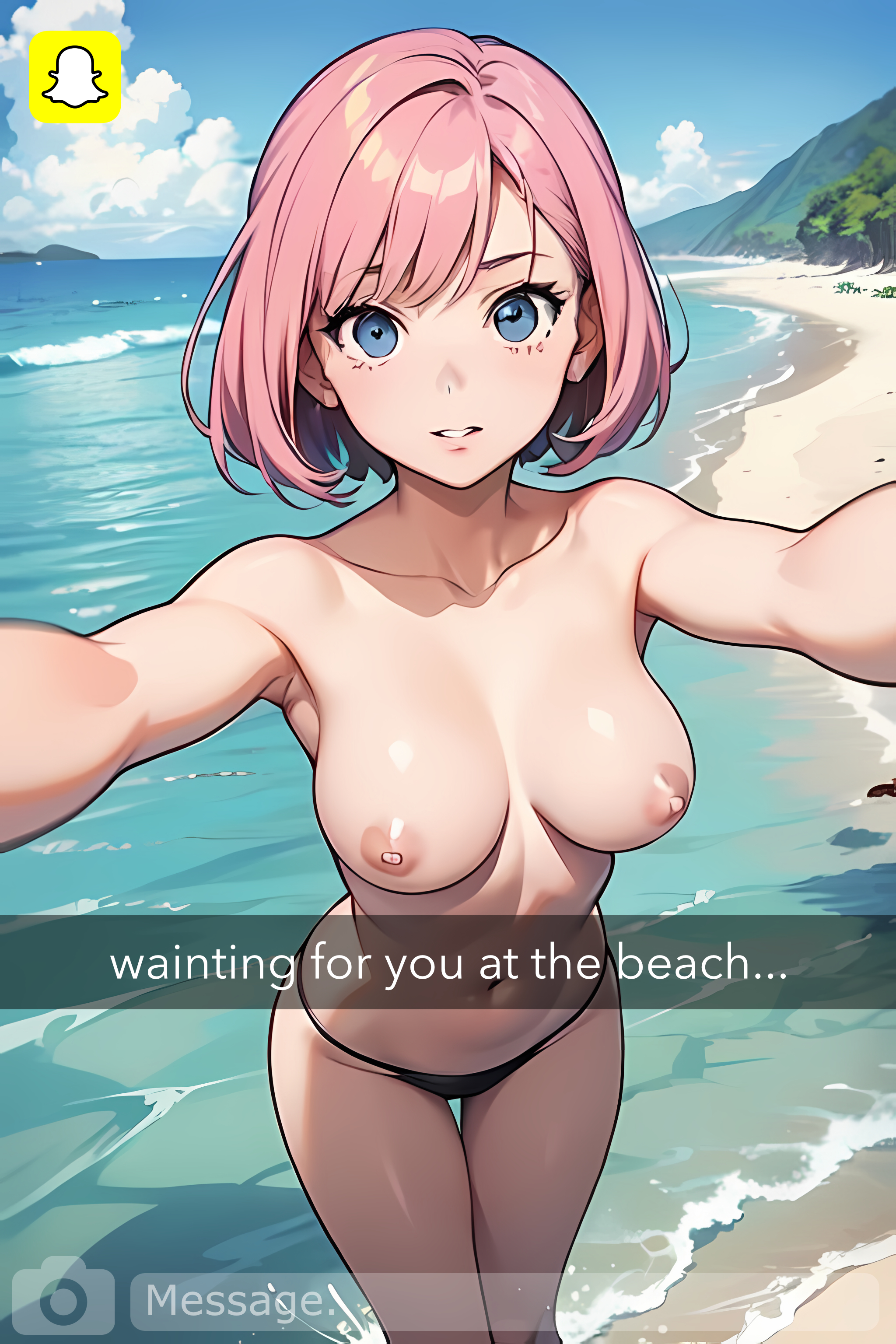 1girls, ai generated, beach, bikini, bikini bottom, blue eyes, breasts, cute, female, fringe, inviting to sex, kuku, kukuyolo, light skin, light-skinned female, manga, medium breasts, medium hair, nipples, original character, pale skin, pale-skinned female, petite, pink hair, sea, seaside, seduction, seductive, selfie, slim, snapchat, social media, teenager, topless, topless female